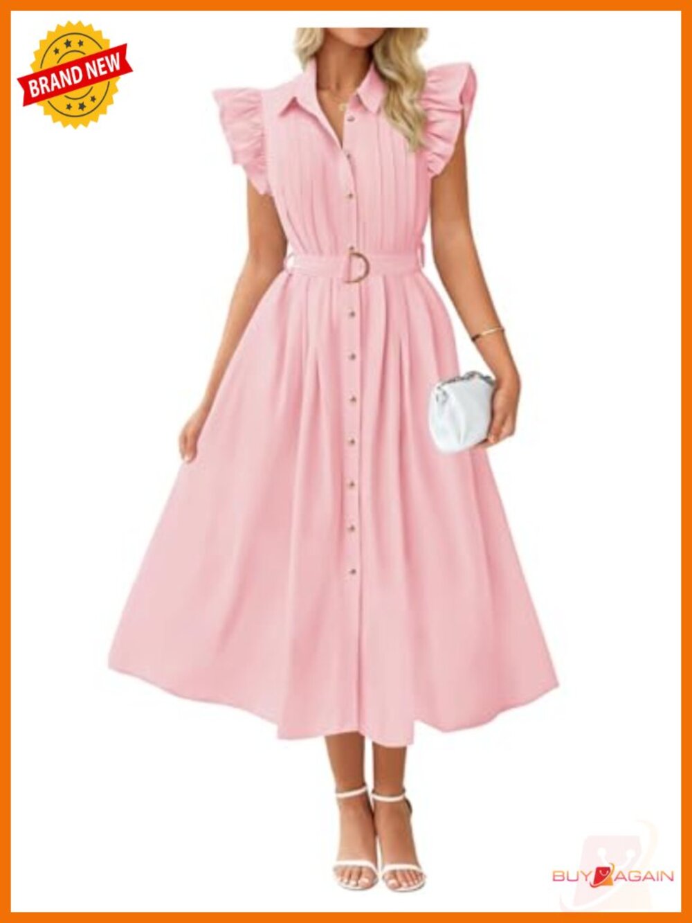 Womens Cotton Button Down Midi Dress Shirt Collar A-Line Belted
